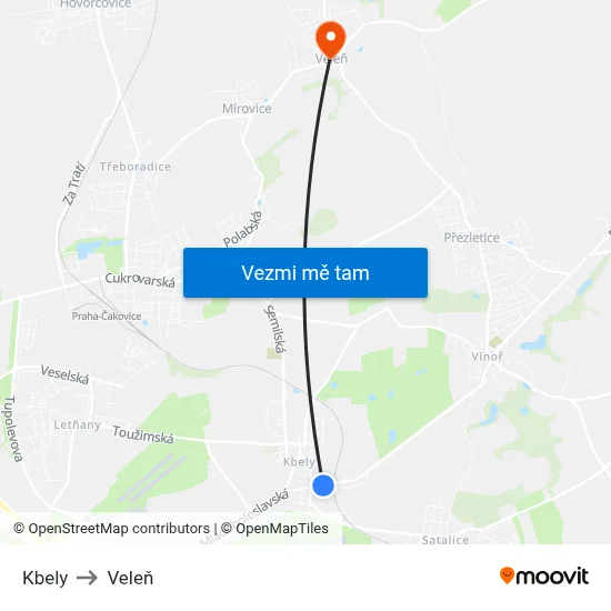 Kbely to Veleň map