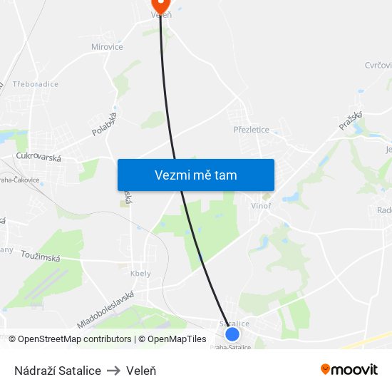Nádraží Satalice to Veleň map