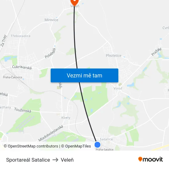 Sportareál Satalice to Veleň map