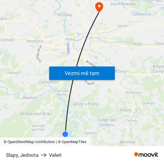 Slapy, Jednota to Veleň map