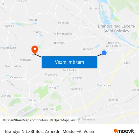 Brandýs N.L.-St.Bol., Zahradní Město to Veleň map