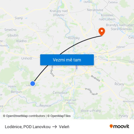 Loděnice, POD Lanovkou (A) to Veleň map