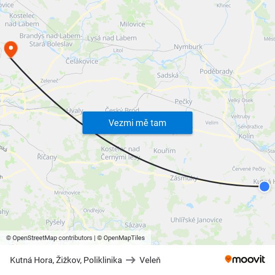 Kutná Hora, Žižkov, Poliklinika to Veleň map