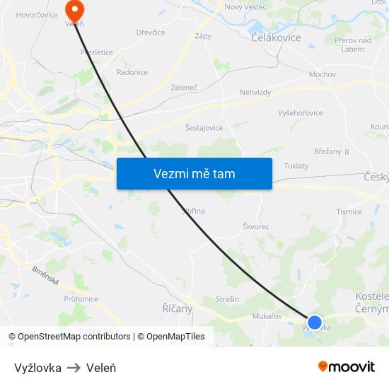 Vyžlovka to Veleň map