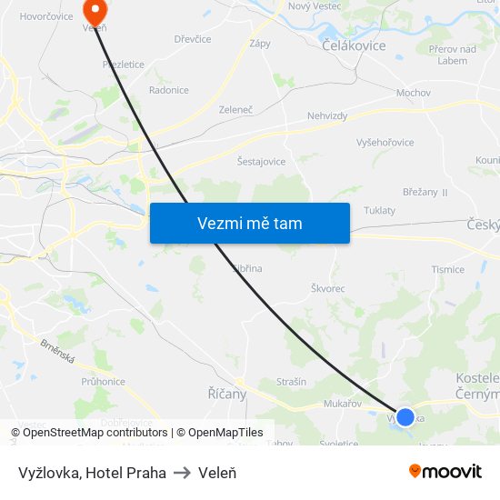 Vyžlovka, Hotel Praha to Veleň map