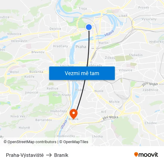 Praha-Výstaviště to Braník map