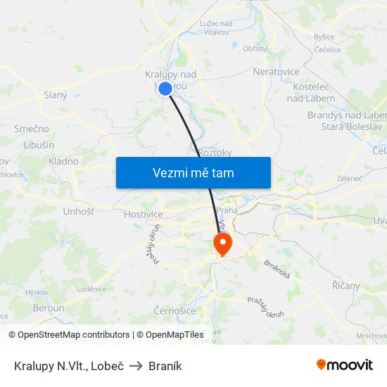 Kralupy N.Vlt., Lobeč (B) to Braník map