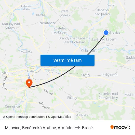 Milovice, Benátecká Vrutice, Armádní to Braník map