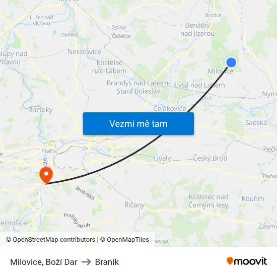 Milovice, Boží Dar to Braník map