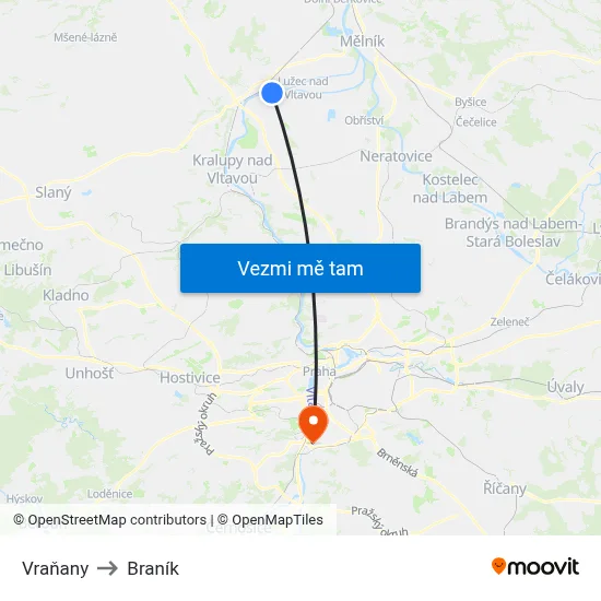 Vraňany to Braník map