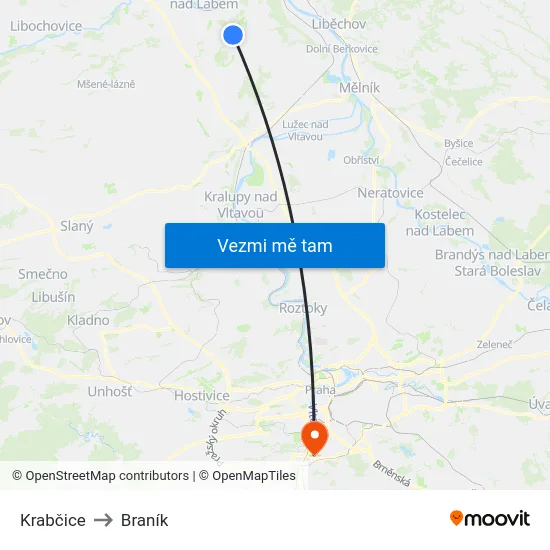 Krabčice to Braník map