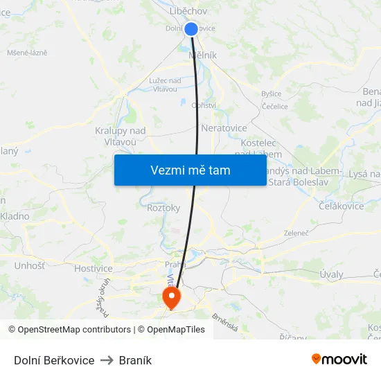 Dolní Beřkovice to Braník map