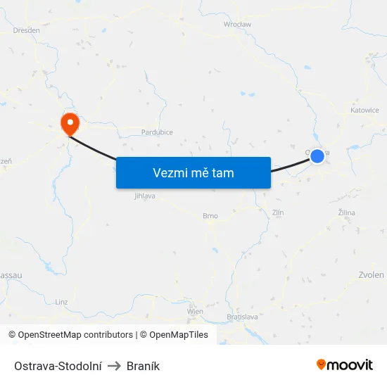 Ostrava-Stodolní to Braník map