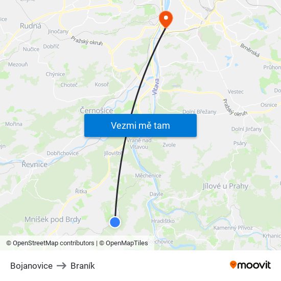 Bojanovice to Braník map