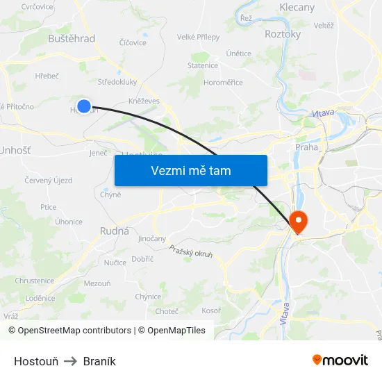 Hostouň to Braník map