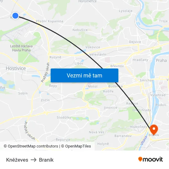 Kněževes to Braník map