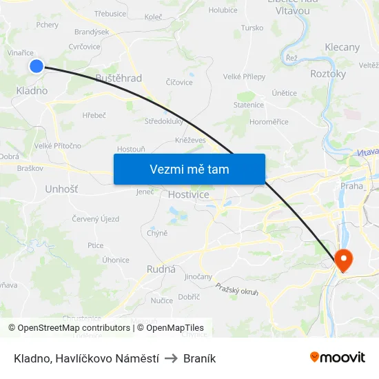 Kladno, Havlíčkovo Náměstí to Braník map