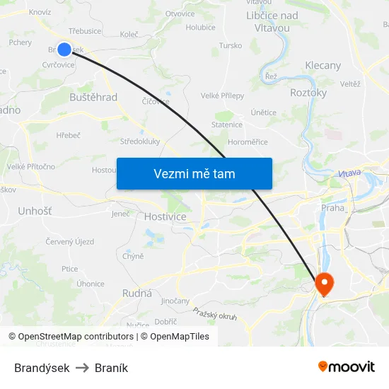 Brandýsek to Braník map