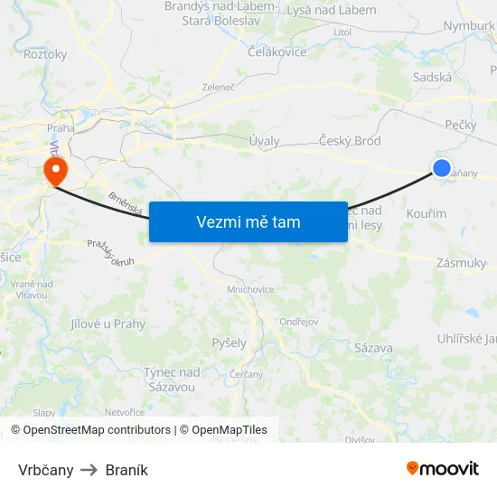 Vrbčany to Braník map