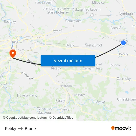 Pečky to Braník map