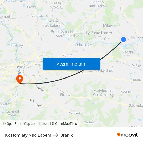Kostomlaty Nad Labem to Braník map