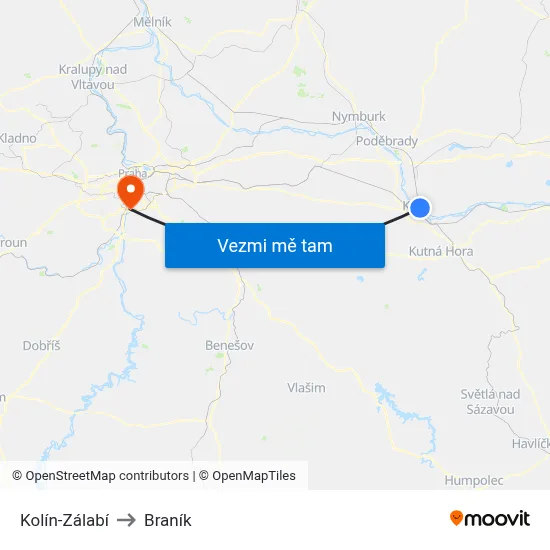Kolín-Zálabí to Braník map