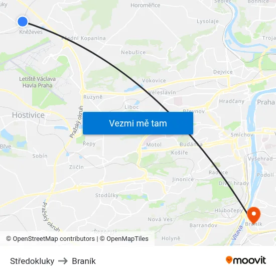 Středokluky to Braník map