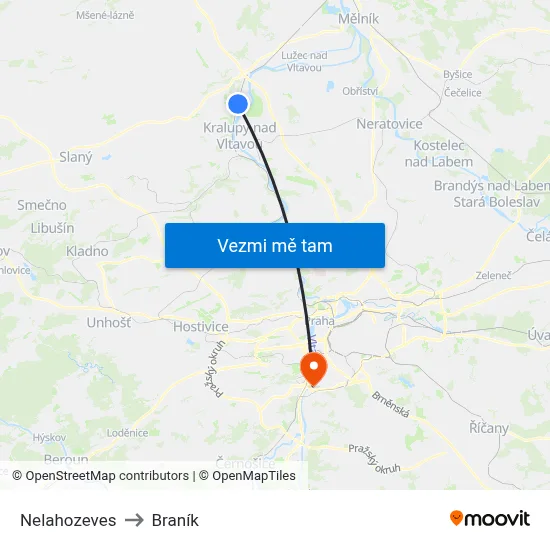 Nelahozeves to Braník map