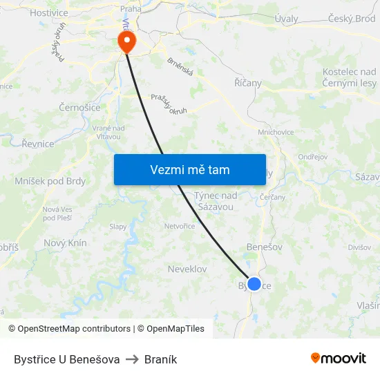 Bystřice U Benešova to Braník map