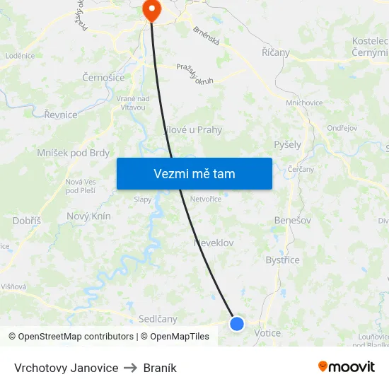 Vrchotovy Janovice to Braník map