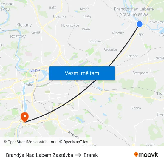 Brandýs Nad Labem Zastávka to Braník map