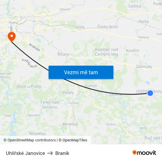 Uhlířské Janovice to Braník map