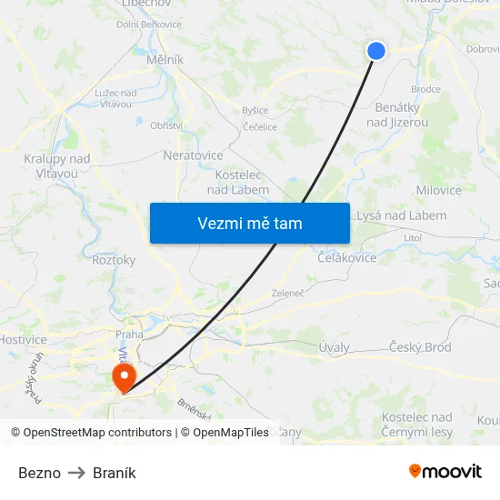 Bezno to Braník map
