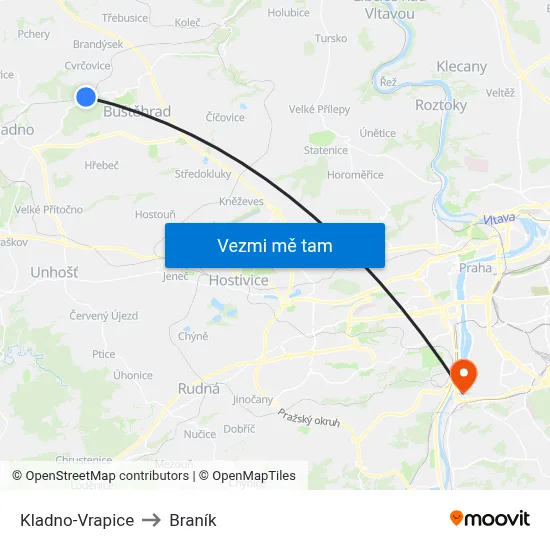 Kladno-Vrapice to Braník map