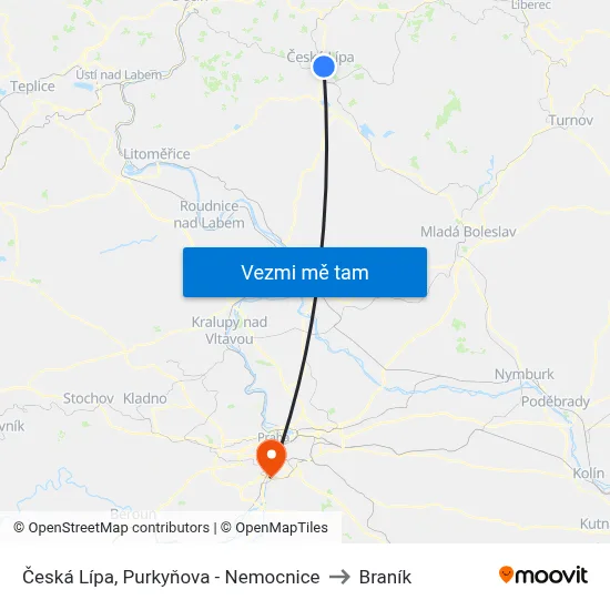 Česká Lípa, Purkyňova - Nemocnice to Braník map