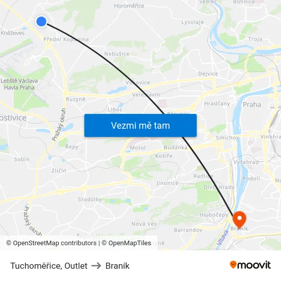 Tuchoměřice, Outlet to Braník map