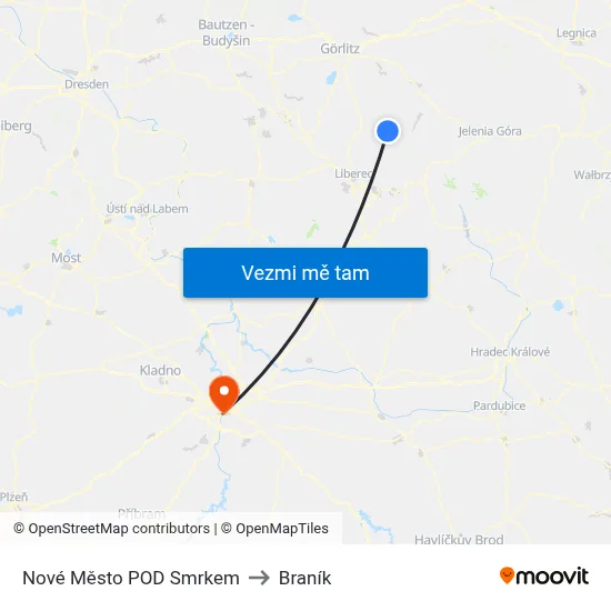 Nové Město POD Smrkem to Braník map
