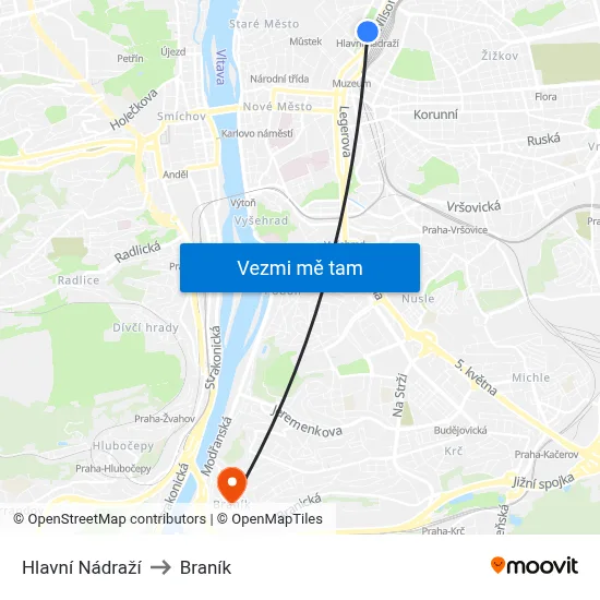 Hlavní Nádraží to Braník map