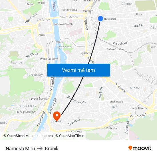 Náměstí Míru to Braník map