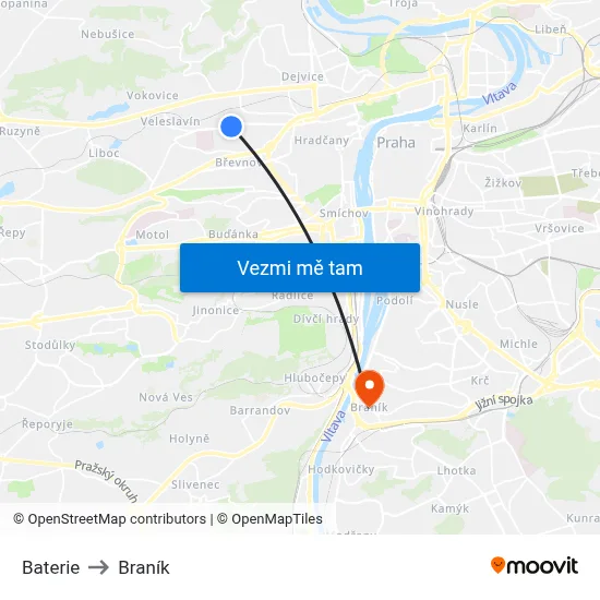 Baterie to Braník map