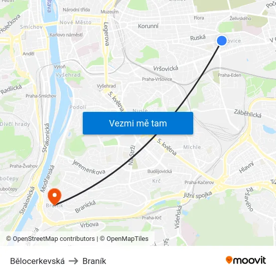 Bělocerkevská to Braník map