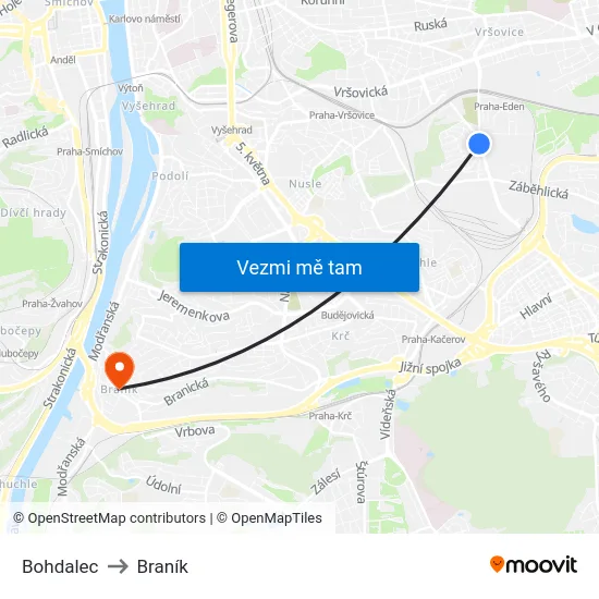 Bohdalec to Braník map