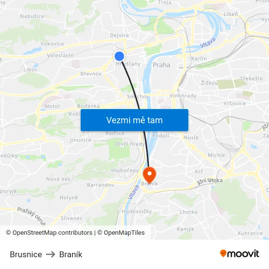 Brusnice to Braník map