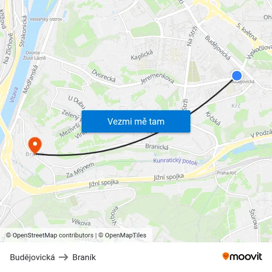 Budějovická to Braník map
