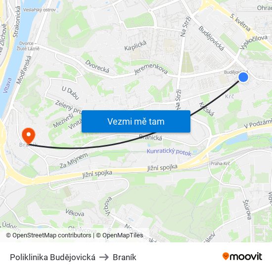 Poliklinika Budějovická (P) to Braník map