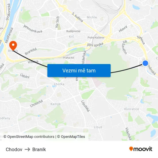 Chodov to Braník map