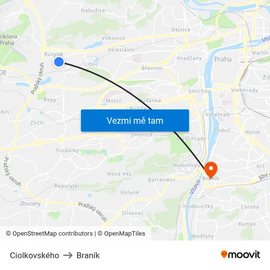 Ciolkovského to Braník map