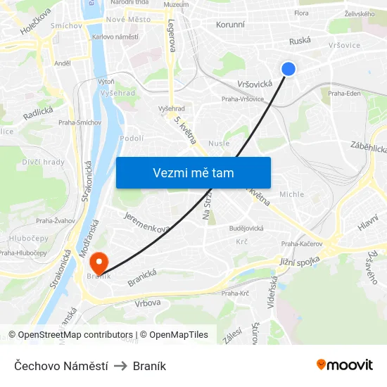 Čechovo Náměstí to Braník map