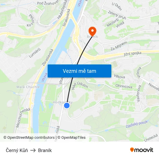 Černý Kůň to Braník map