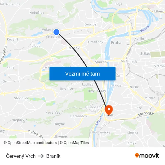 Červený Vrch to Braník map